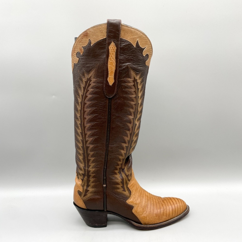 American Boot Co Womens 5.5 C Two Tone Tall Western Cowboy Brown Tan Lizard Skin